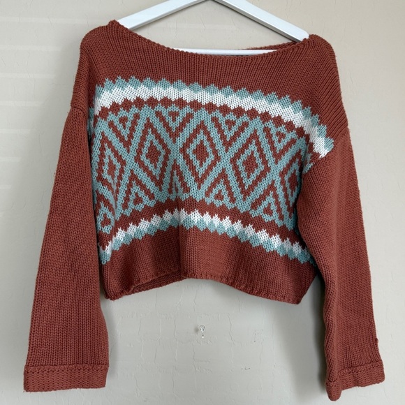 Altar’d State Crop Sweater Long Sleeve Southwestern Aztec Brown Boxy Slouchy XS - Picture 1 of 6